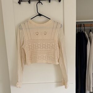 Women’s Crochet Knit Long-Sleeve Top in Cream